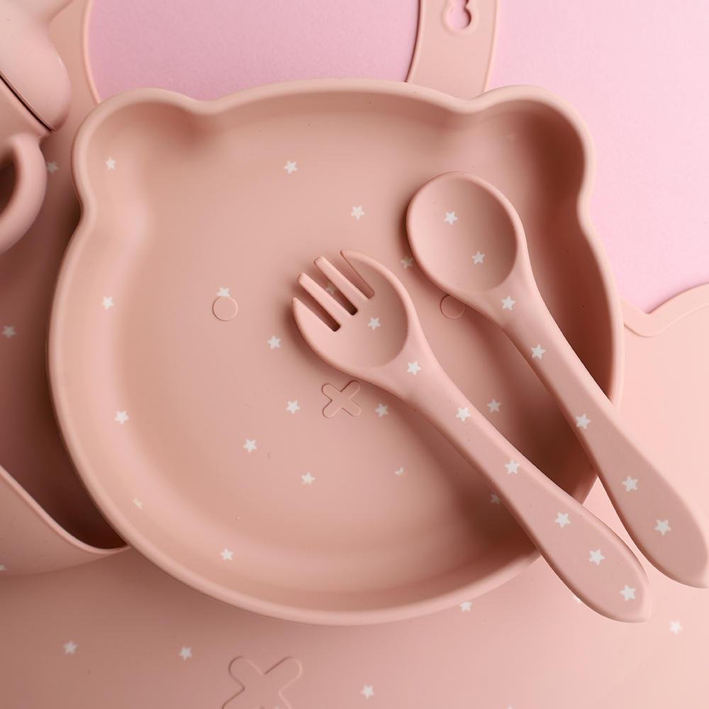 Teddy Bear Baby & Toddler Feeding Set (7pc) - Pink + White Dots